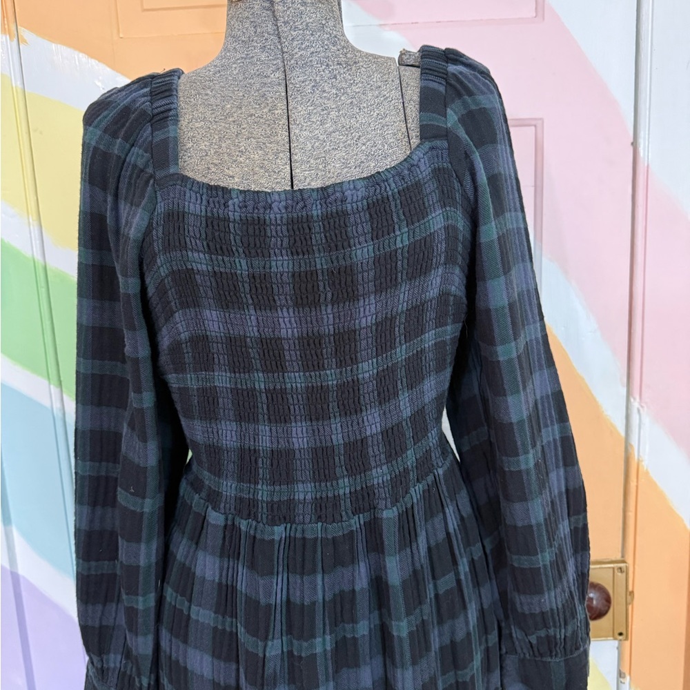 Madewell 100% Cotton Lightspun Long Sleeve Smocked Midi Plaid Dress Sz 2X 💚🍄 - Picture 3 of 12
